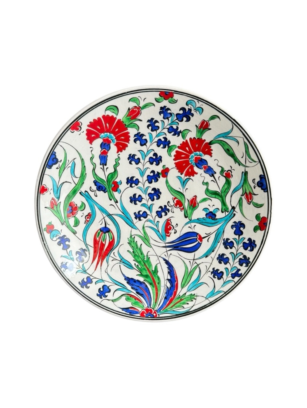 Turkish Iznik Ceramic Wall Plate Hand Painted Red Blue Tulips Floral Signed 10"